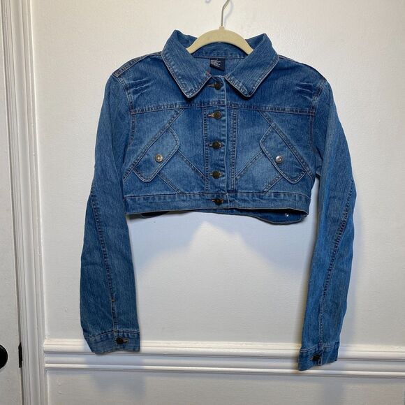 Y2K Cropped Denim Jean Jacket Destiny Jeans Large Blue Festival Streetwear Retro - Picture 1 of 10